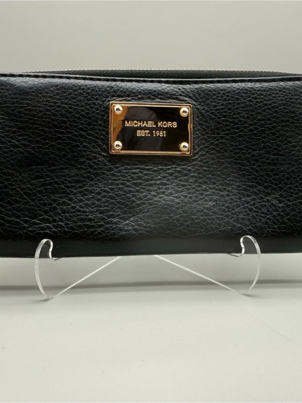 Michael Kors Black Pebbled Leather Zip Around Continental Wallet Logo Plaque